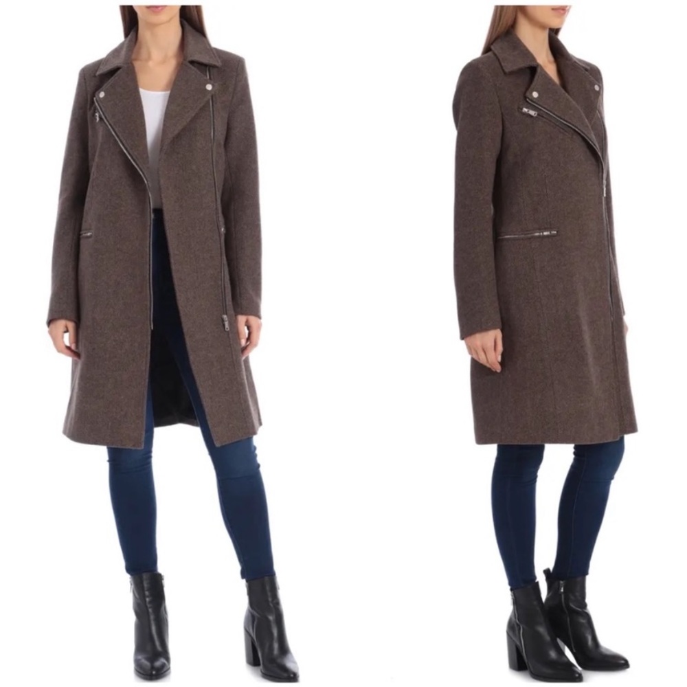 Nwot AVEC LES FILLES Moto detail wool blend twill coat with herringbone pattern